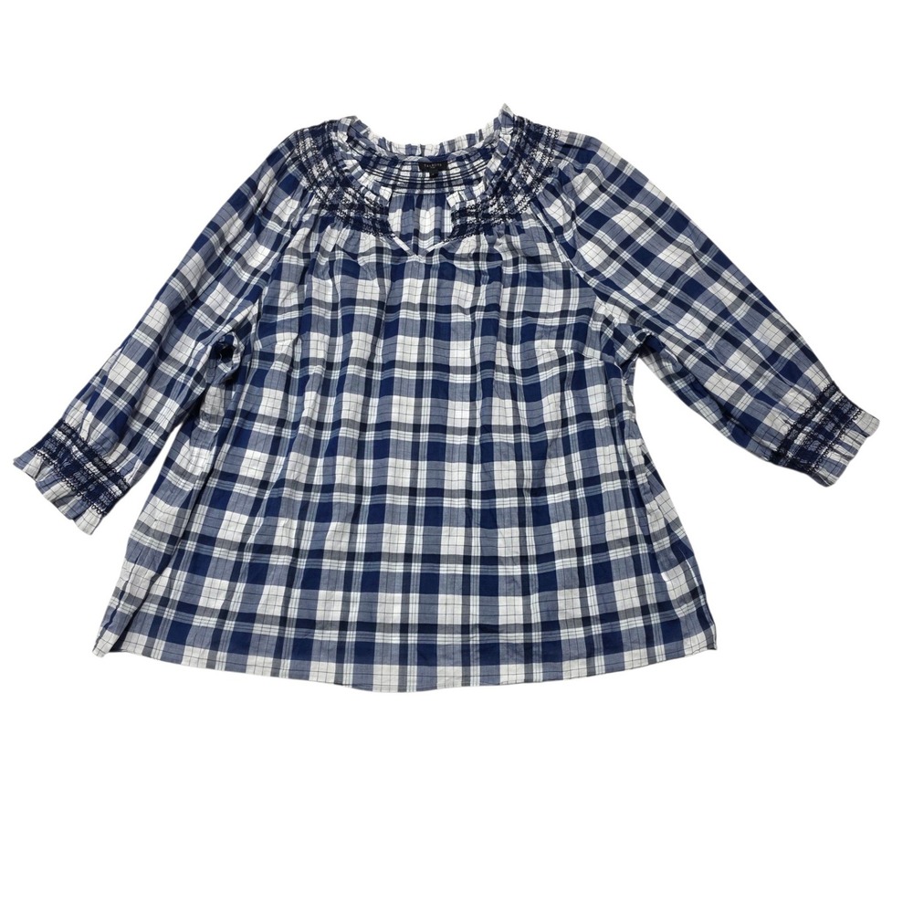 Talbots Plus Blouse Women 3X Blue Plaid Smocked Neck Cotton Top